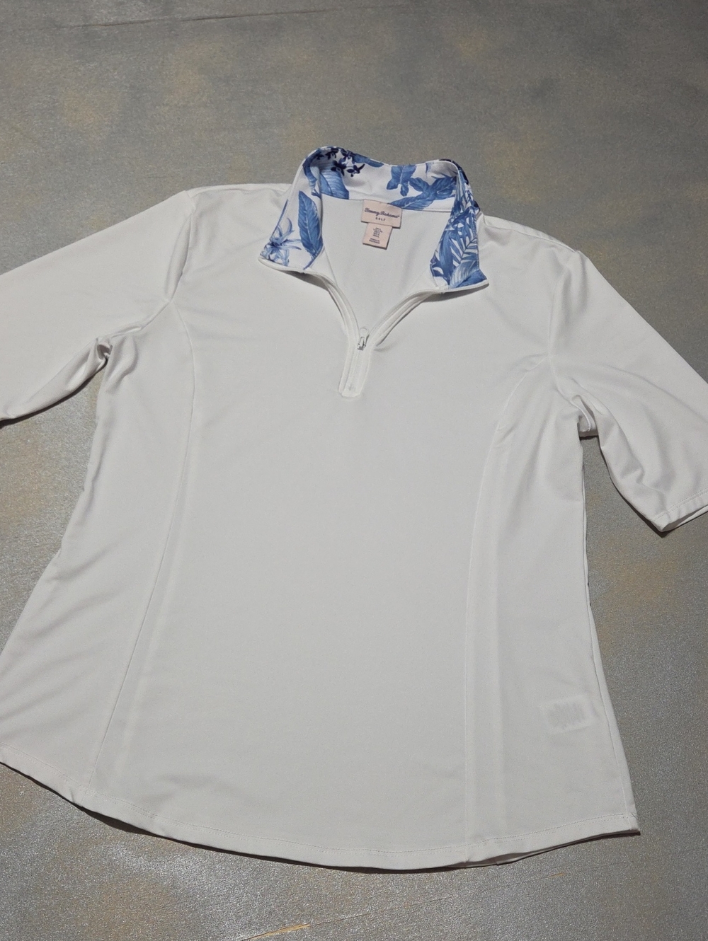 Tommy Bahama White Short-Sleeve Quarter-Zip Polo with Blue Floral Collar Golf
